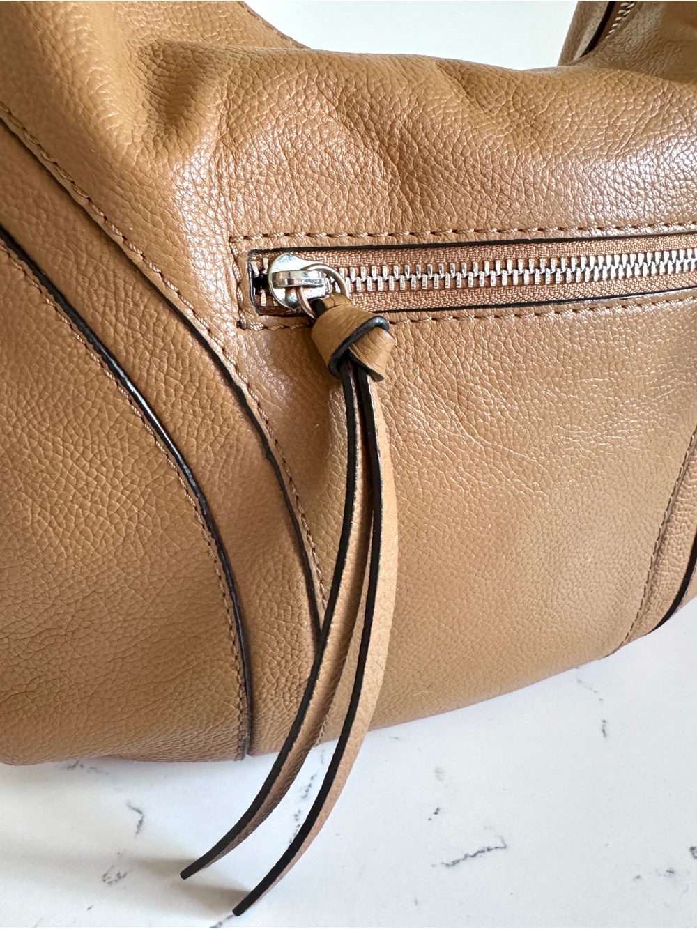 Tahari Tan Pebbled Genuine Leather Hobo Bohemian Shoulder Bag Silver Accents EUC - Picture 9 of 15